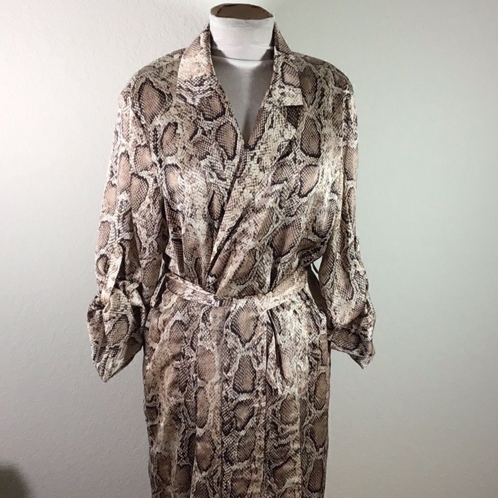Eye Candy Robe Snakeskin Gown Collar Tab Sleeves Belted Midi V-Neck Size M